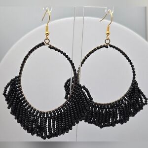 Ink + Alloy Handmade Fringe Hoop Seed Black Beads Kendra Earrings 3''
